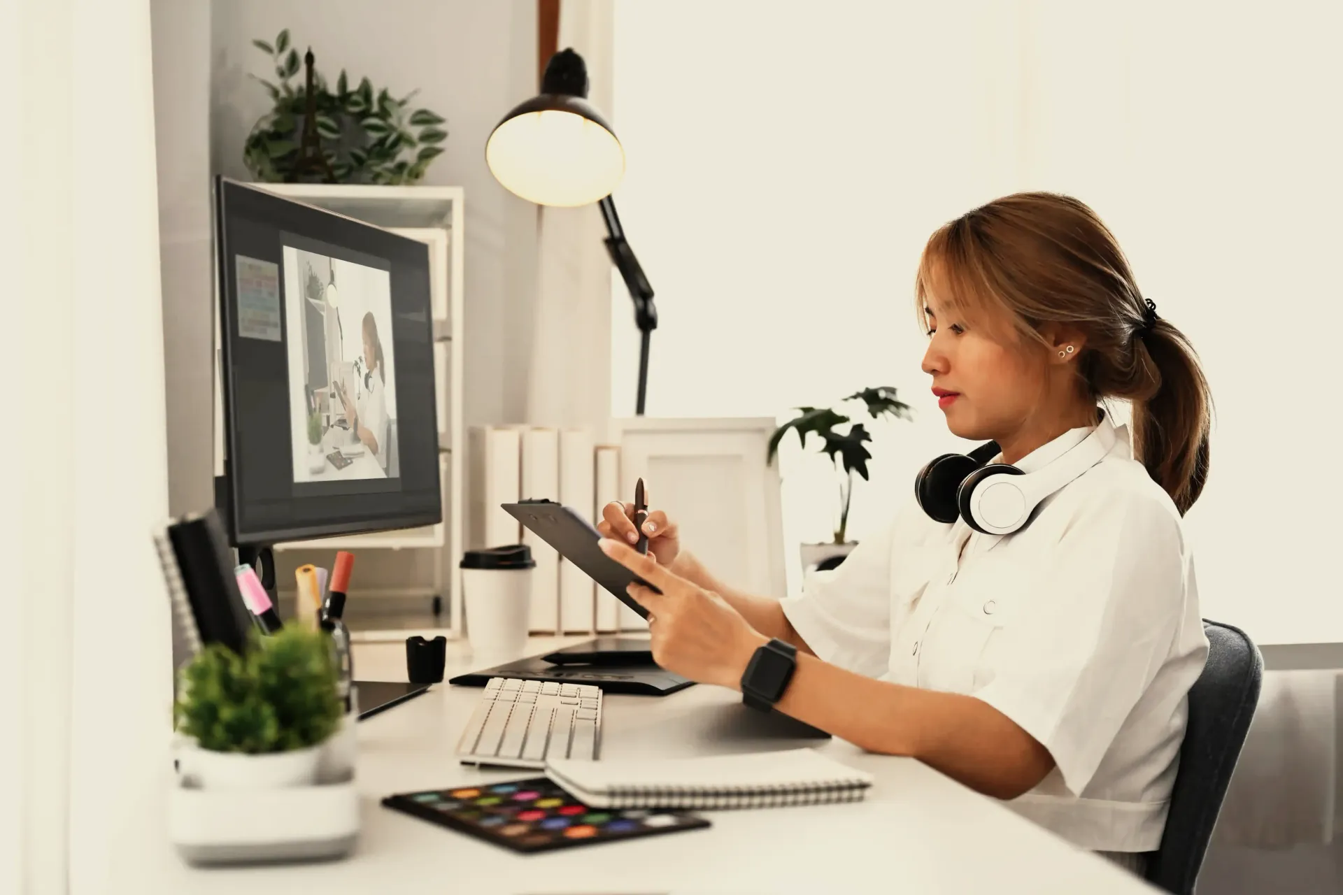 A woman is sitting at a desk using a tablet computer.