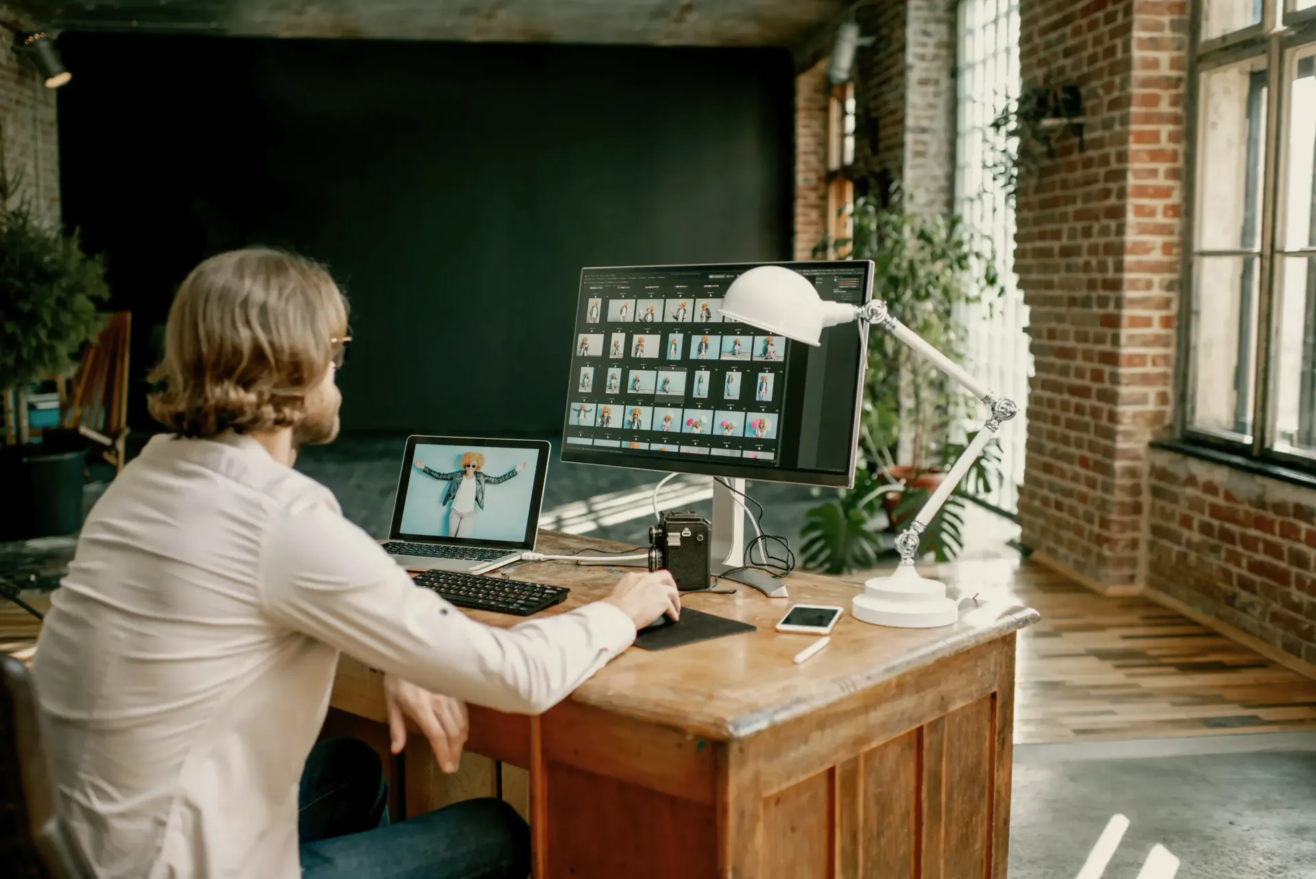 A man is sitting at a desk with a computer and a laptop.