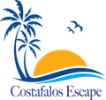 A logo for costafalos escape with a palm tree and birds