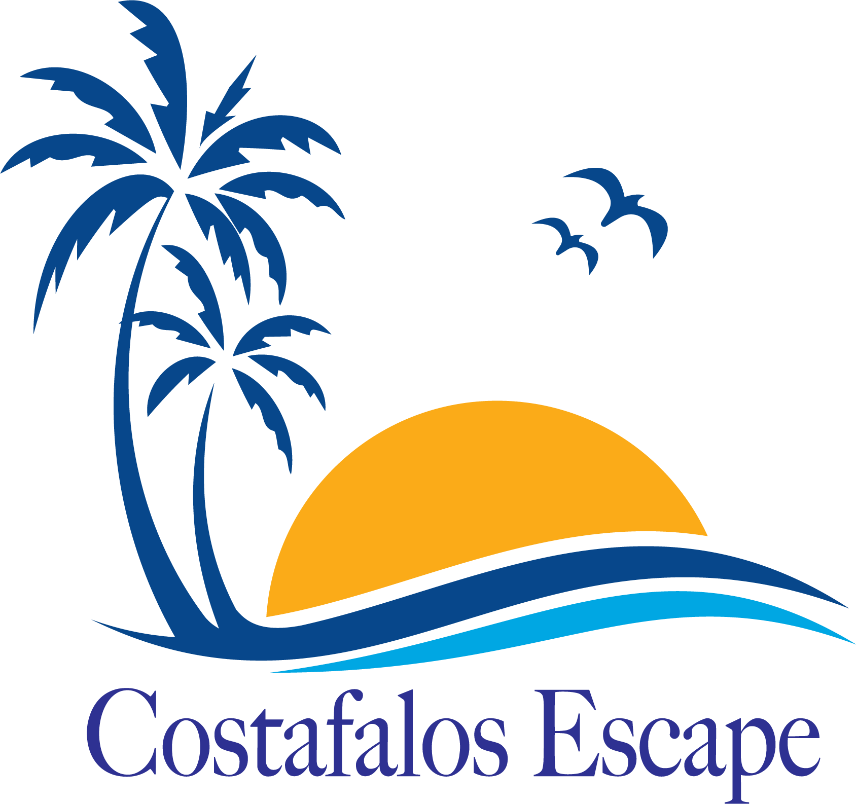 A logo for costafalos escape with a palm tree and birds