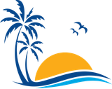 A sunset with palm trees and birds flying over the ocean