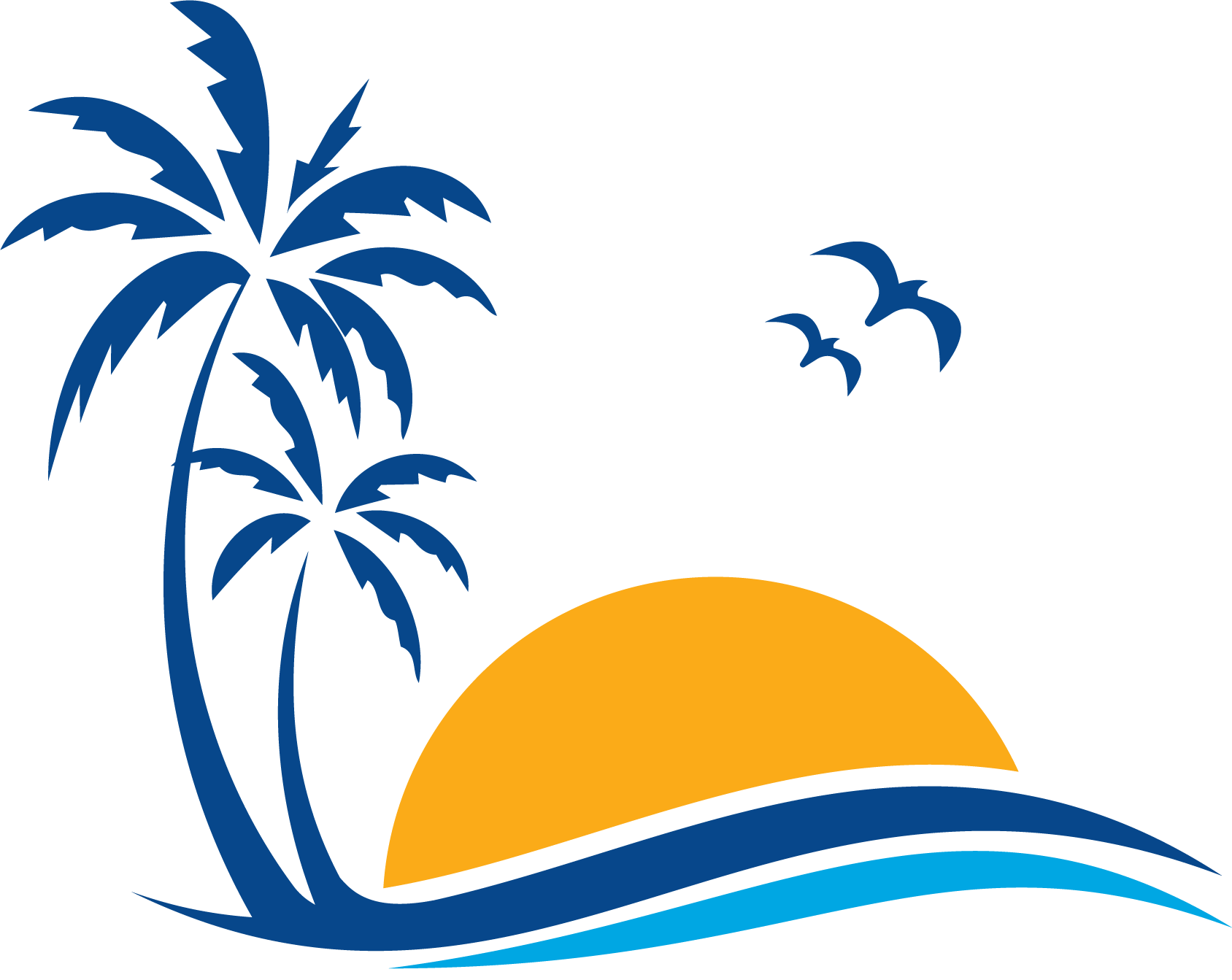 A sunset with palm trees and birds flying over the ocean