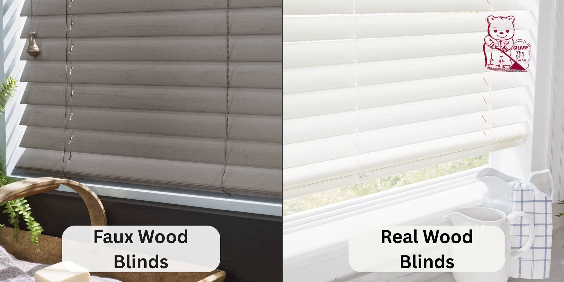 An image comparing Hunter Douglas custom wood blinds and faux wood blinds side-by-side