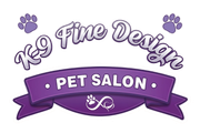 K9 Fine Design pet salon logo with purple paw prints and ribbon banner