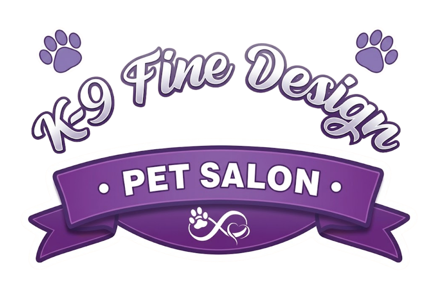 K9 Fine Design pet salon logo with purple paw prints and ribbon banner