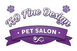 Purple “K9 Fine Design” pet salon logo with paw prints and ribbon banner