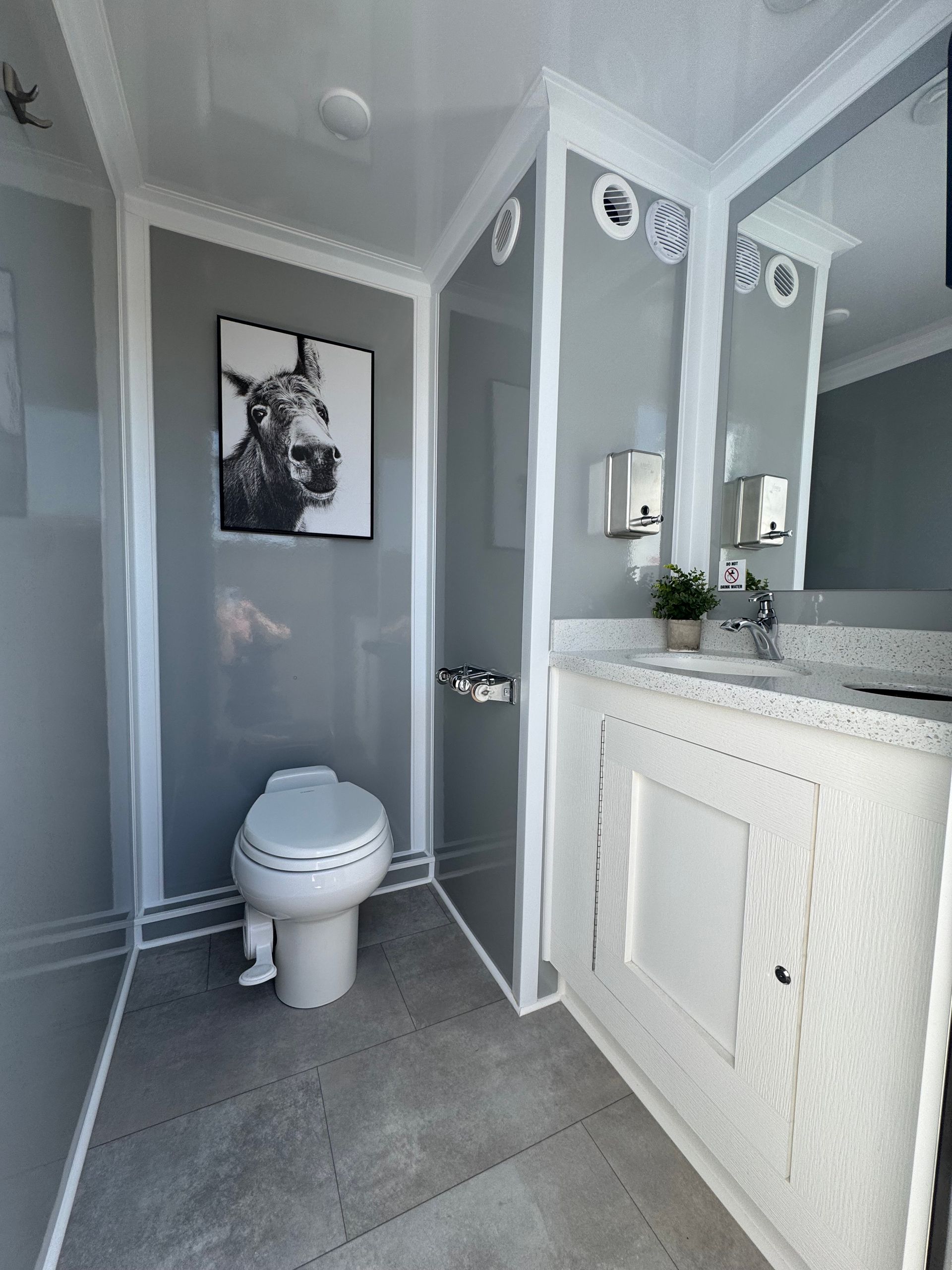 Interior of a luxury portable restroom with a toilet, sink, mirror, and artwork; grey and white color scheme.