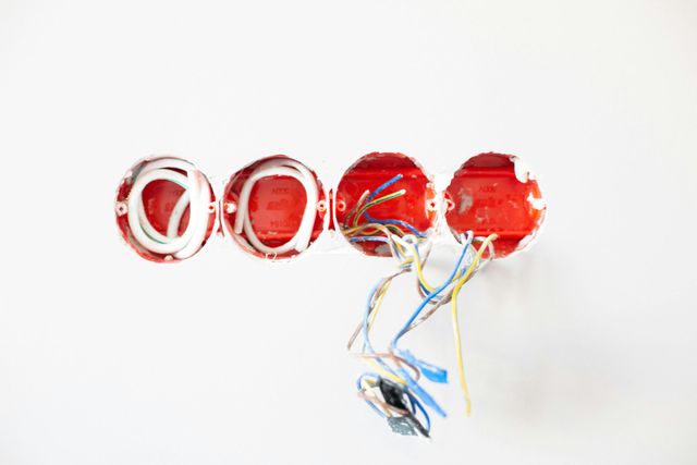 Four connected red electrical boxes set in a white wall, with coiled white cables in two and exposed wires in a third.