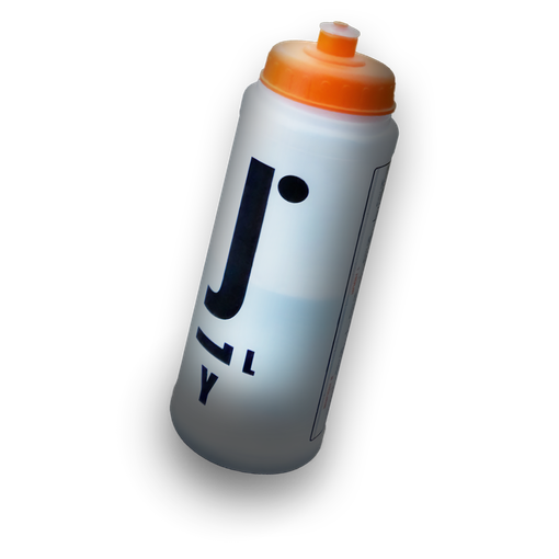 The JollyFit water bottle featuring the JollyFit logo and measurements on the side of the bottle