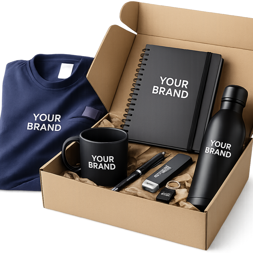 Welcome kit aziendale con gadget personalizzati e merchandising corporate