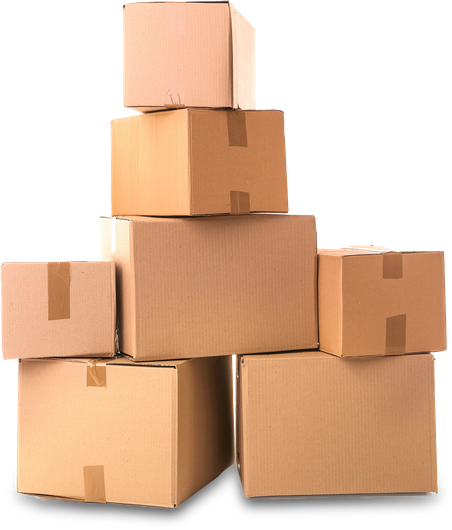 Stack of eight brown cardboard boxes, varying sizes.