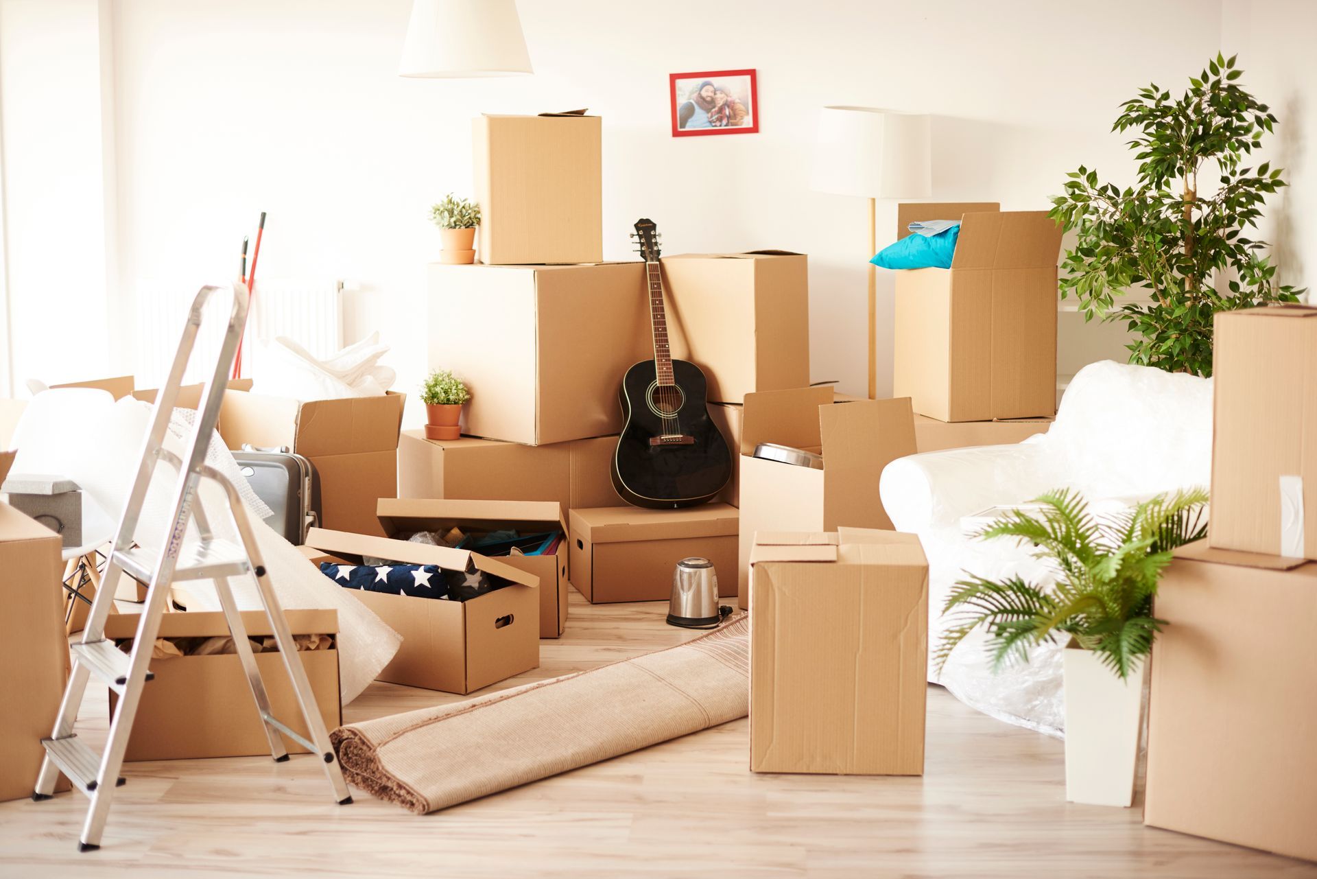 Boxes and furniture in a room, ready to be moved. Includes guitar, plants, and a rug.