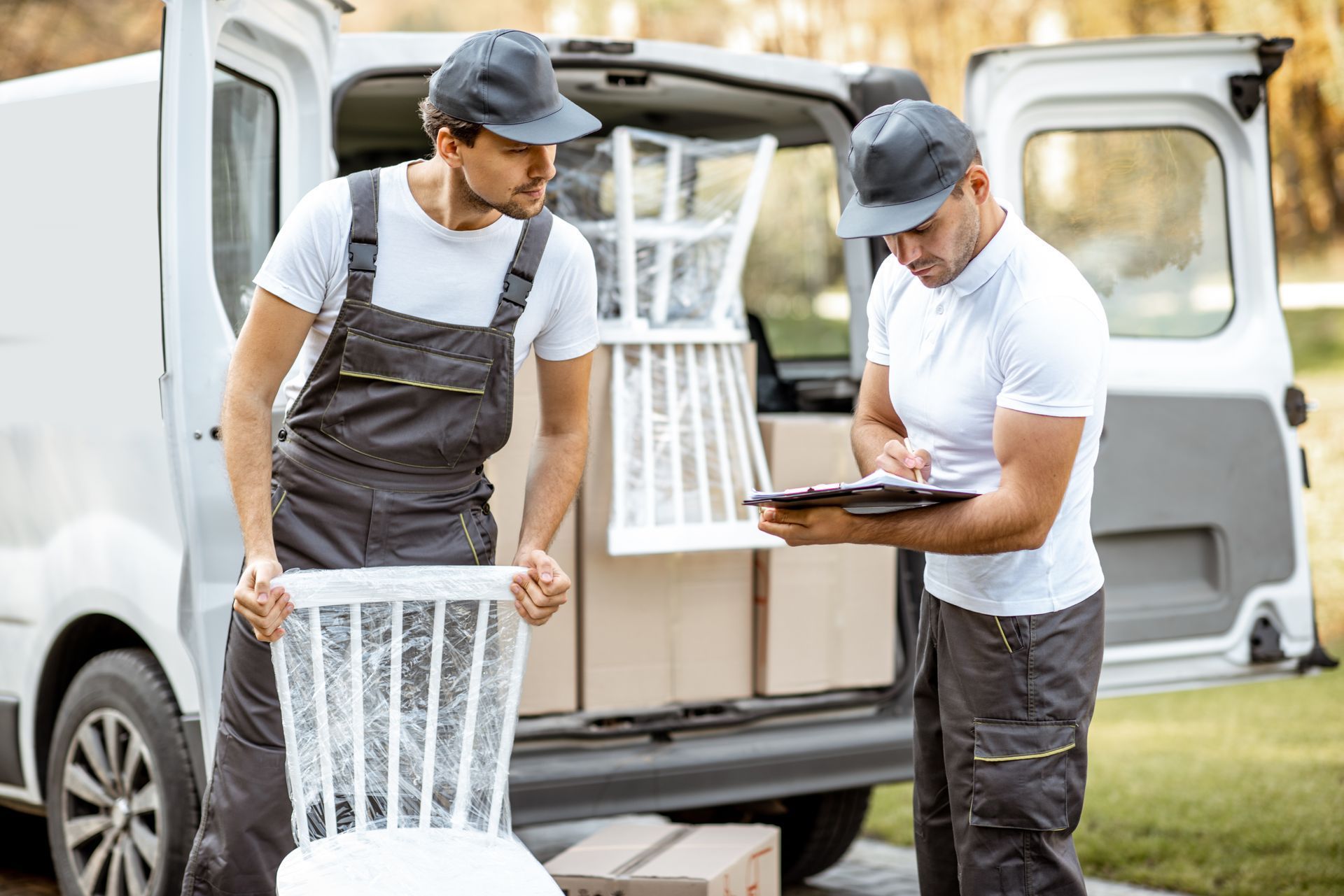 Two movers loading a chair wrapped in plastic into a white van; one writes on a clipboard.