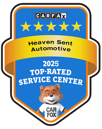 CARFAX 2025 Top-Rated Service Center award badge for Heaven Sent Automotive featuring the Car Fox mascot.  | Heaven Sent Automotive