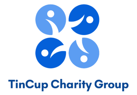 Logo for TinCup Charity Group: Four interconnected blue circles with white figures. Text below reads 