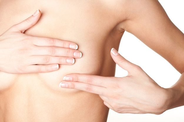 A person wearing a white bra and underwear with dashed lines and arrows indicating breast and torso positioning.