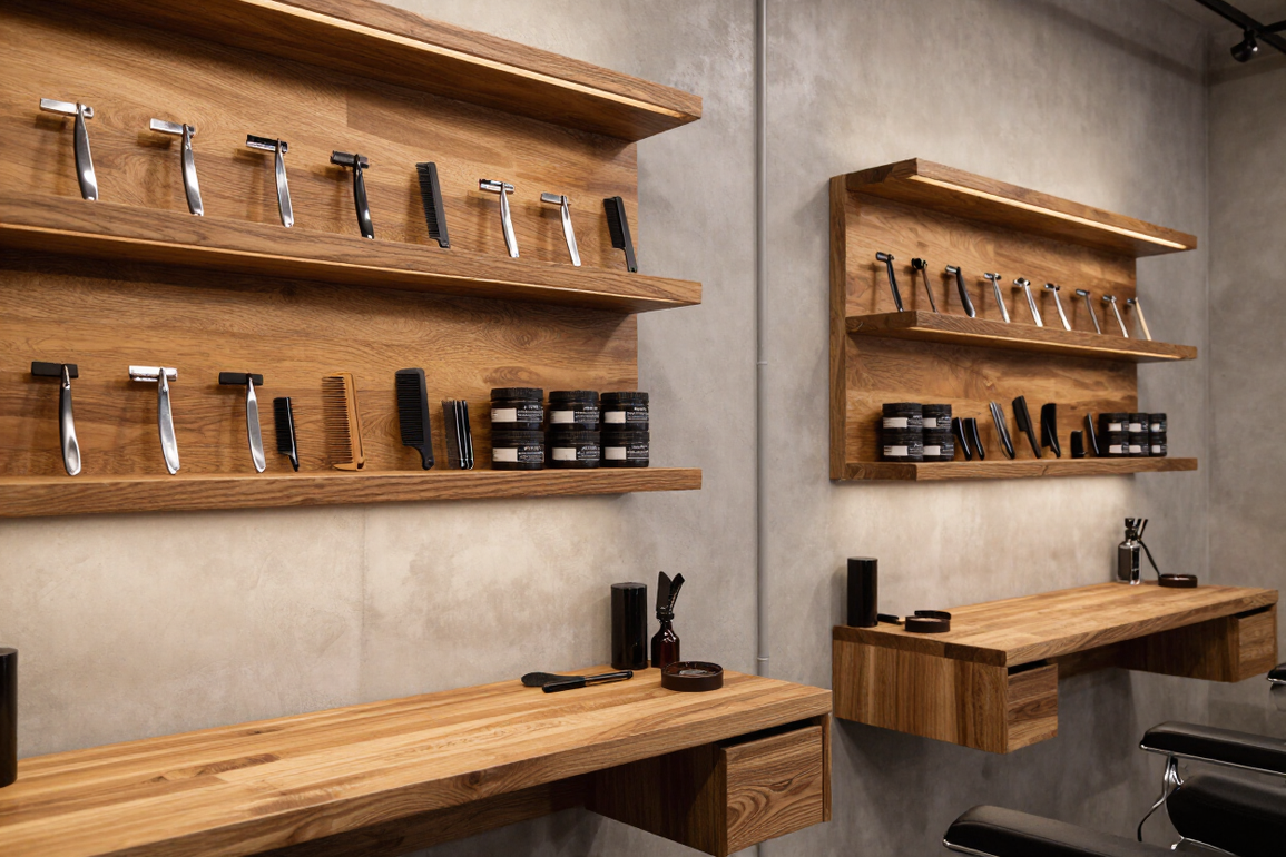 Interno moderno di un bar con scaffali in legno, accessori per l'espresso e due banconi in legno addossati a una parete con finitura materica.