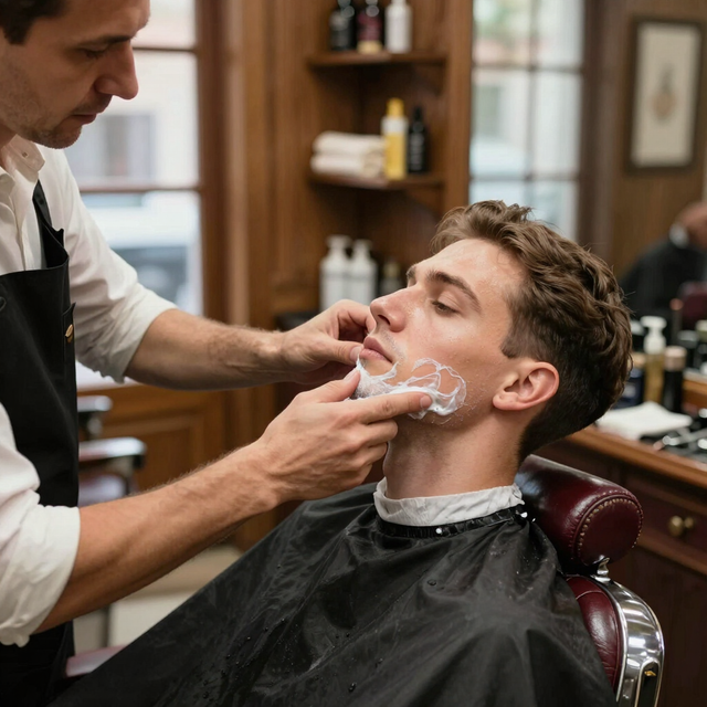 Un barbiere rade il viso di un cliente con un rasoio a mano libera in una classica barberia.