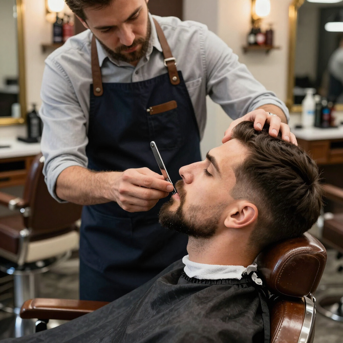 Un barbiere taglia la barba a un uomo seduto sulla poltrona di un negozio di barbiere.