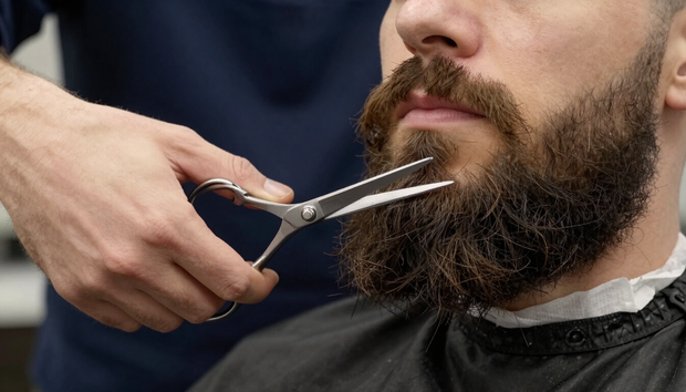 Primo piano di una rifinitura della barba con le forbici in un negozio di barbiere.