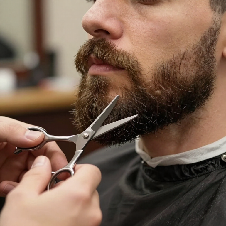 Un barbiere taglia la barba a un uomo con le forbici su una poltrona da salone.