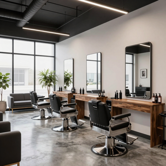 Interni moderni di un salone da parrucchiere con poltrone per lo styling, specchi e postazioni in legno accanto a grandi finestre.