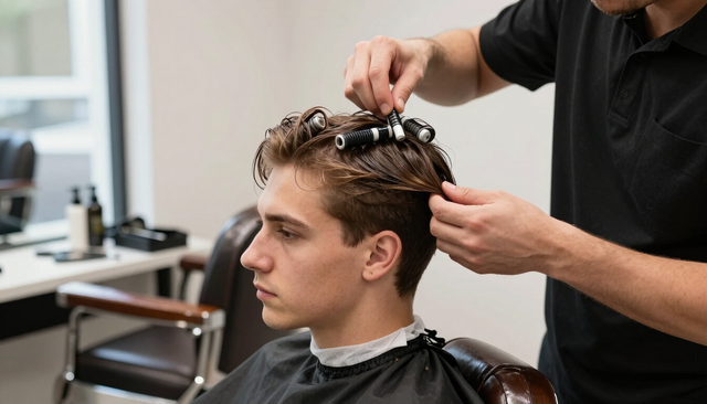 Parrucchiere che acconcia i capelli di una cliente in un salone, utilizzando tosatrici e pettine.