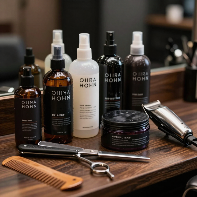 Prodotti e strumenti per lo styling dei capelli da salone su un bancone di legno.
