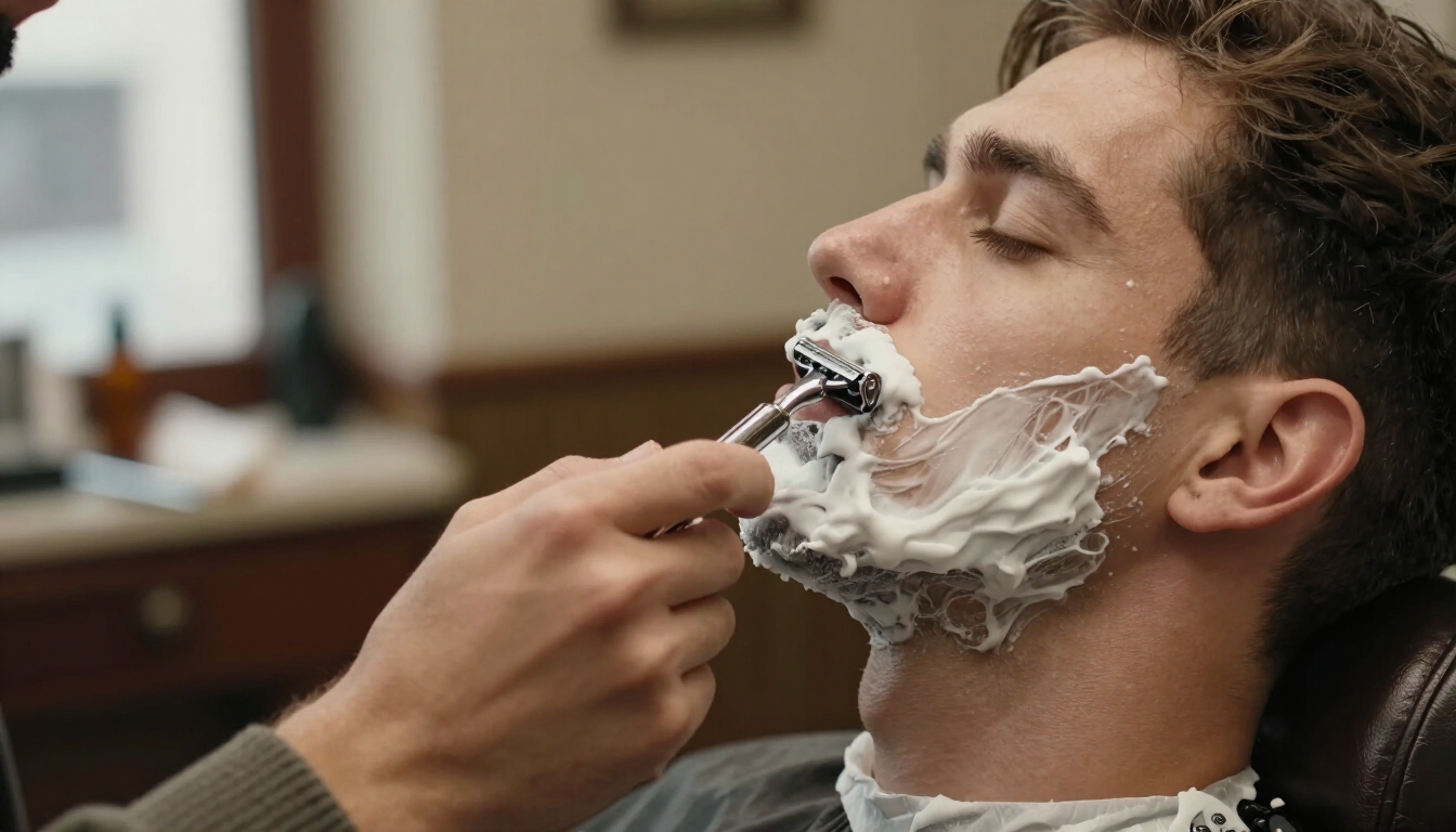 Un barbiere rade il viso di un uomo con rasoio e schiuma da barba in un salone.