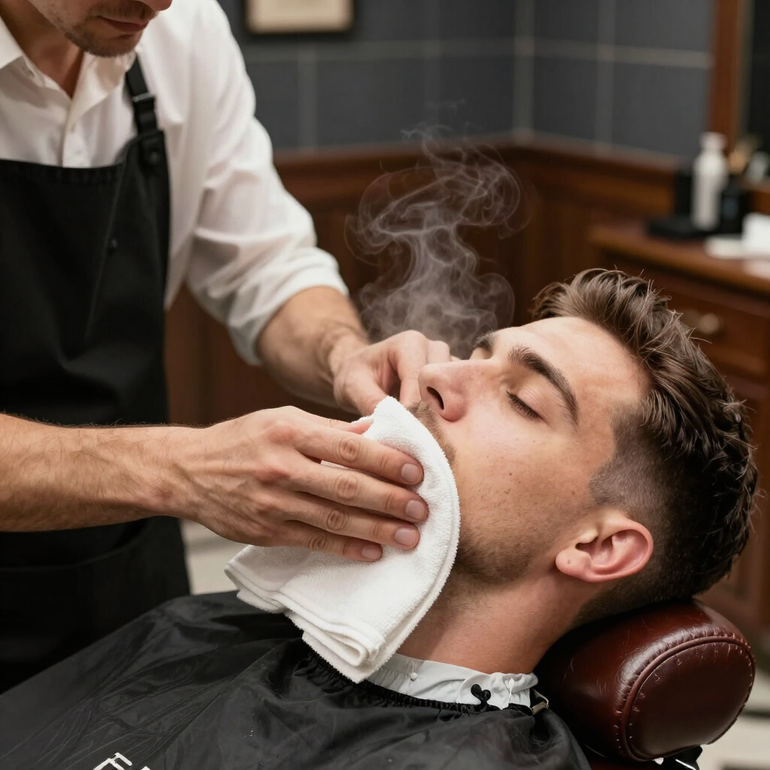 In una barberia, un barbiere rade un cliente sdraiato con un asciugamano caldo.