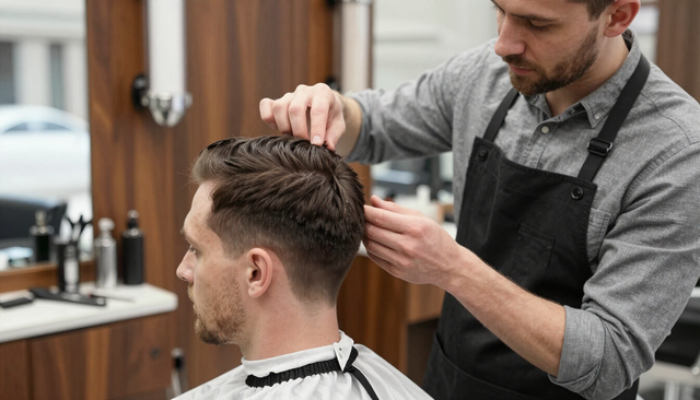 Un barbiere acconcia i capelli di un cliente con le forbici in un salone.