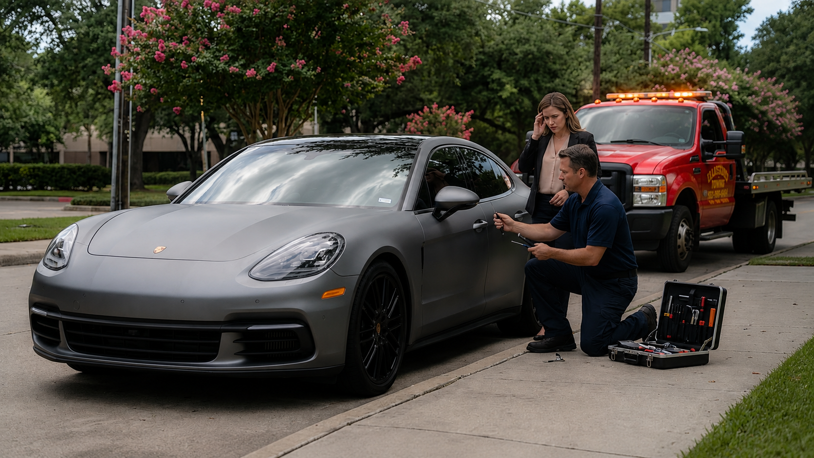 Mechanic kneels by a matte gray sports car on a suburban street, with tools and a red tow truck nearby.