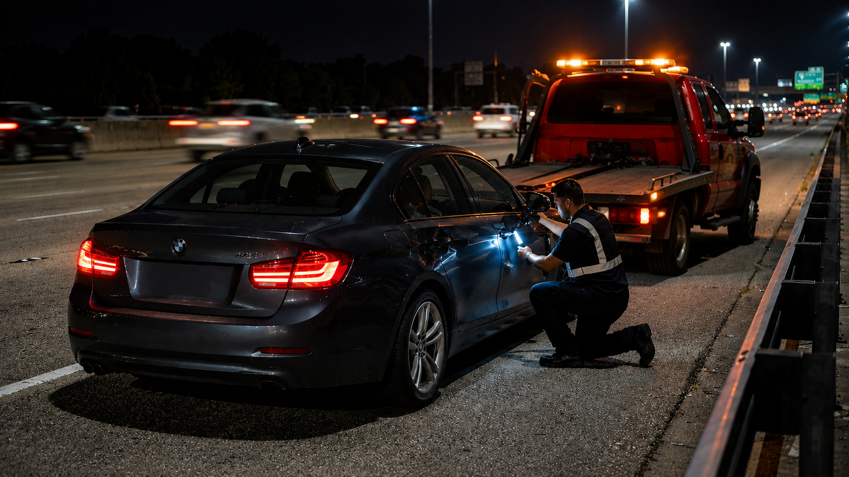 Night roadside crash scene with a black sedan, tow truck, and a person kneeling beside the car