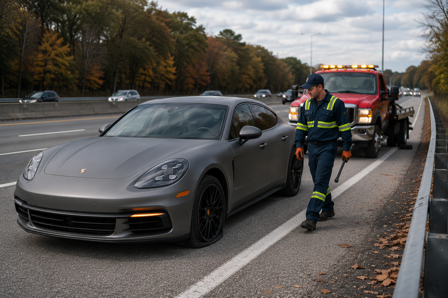 Police officer beside gray sports car on highway shoulder with tow truck behind it