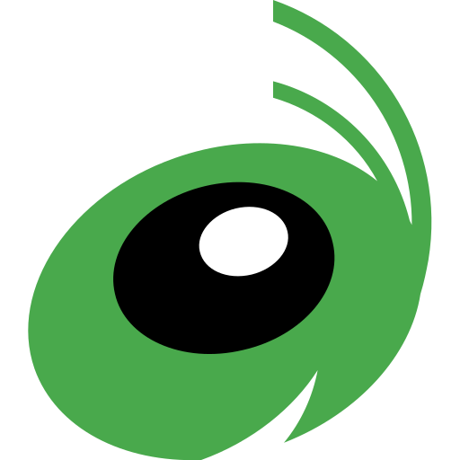 A green eye with a black pupil and a white circle in the middle.
