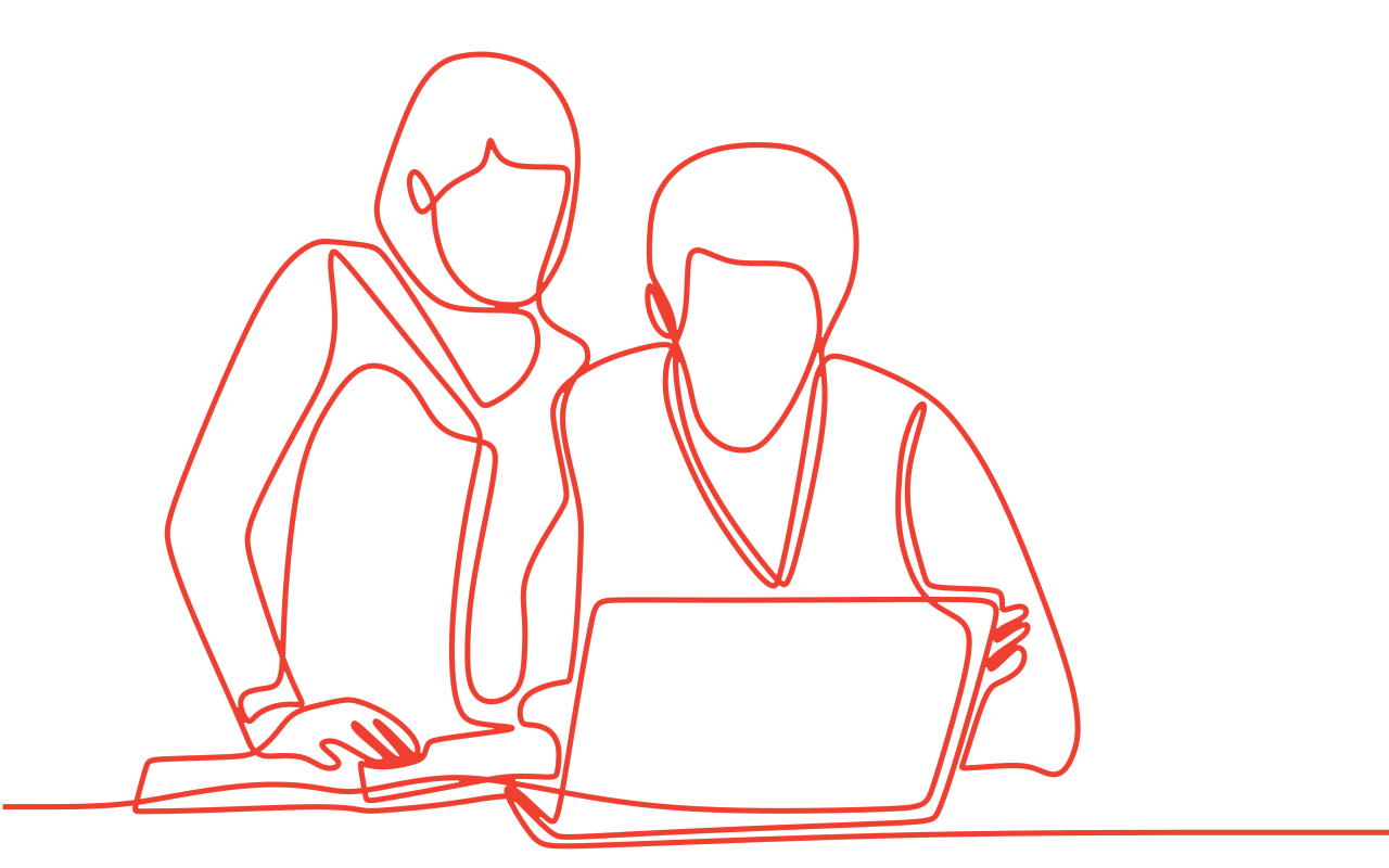 Two people looking at a laptop screen. One is leaning over the other's shoulder. Orange outline on white background.