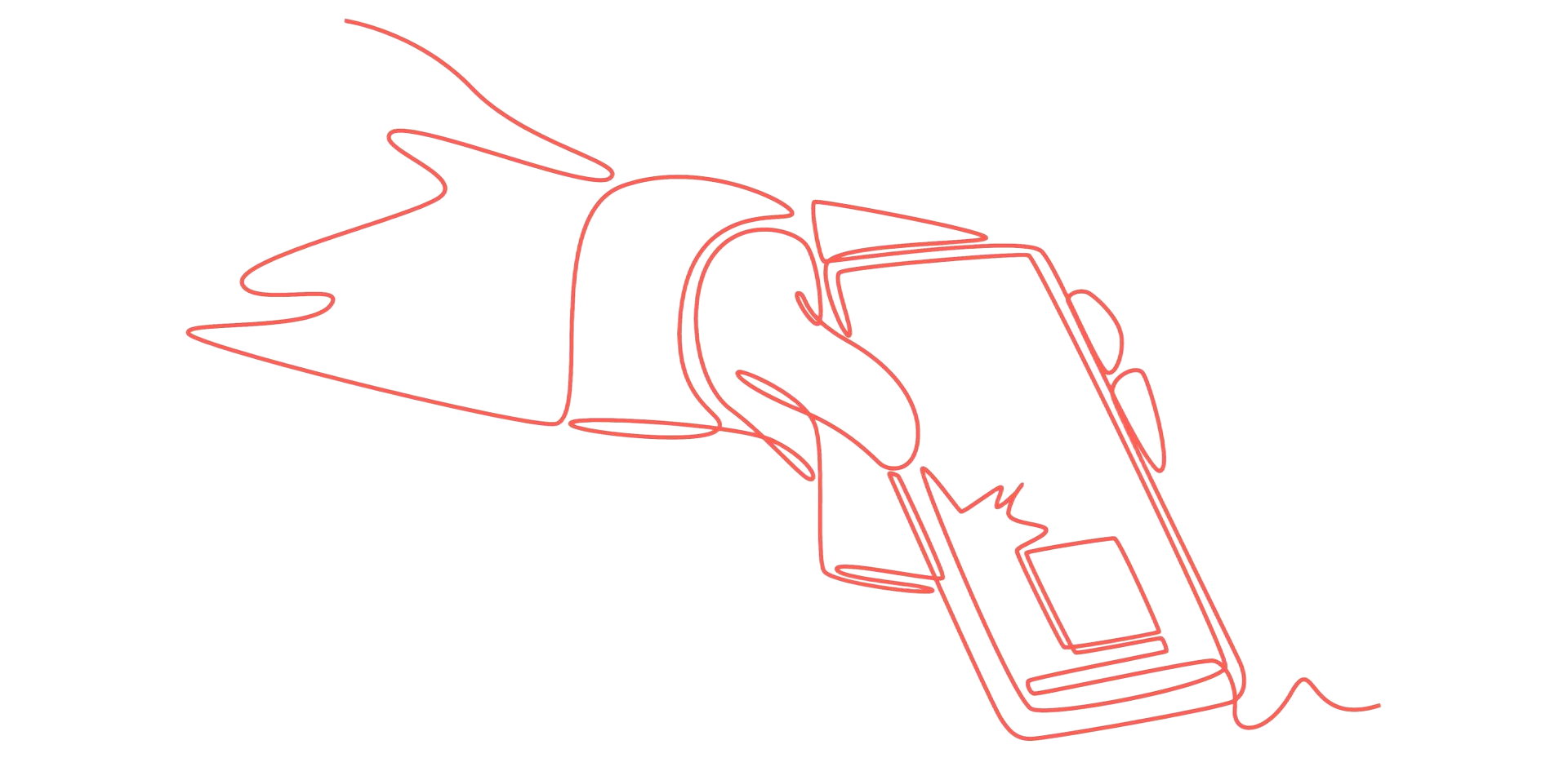 Hand holding a smartphone, outlined in red, with an open app on the screen.