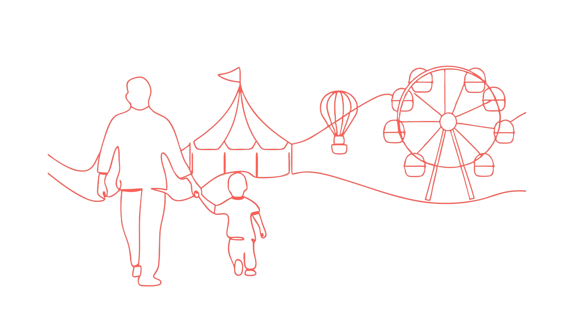 A father and child walk toward a carnival with a tent, hot air balloon, and Ferris wheel.