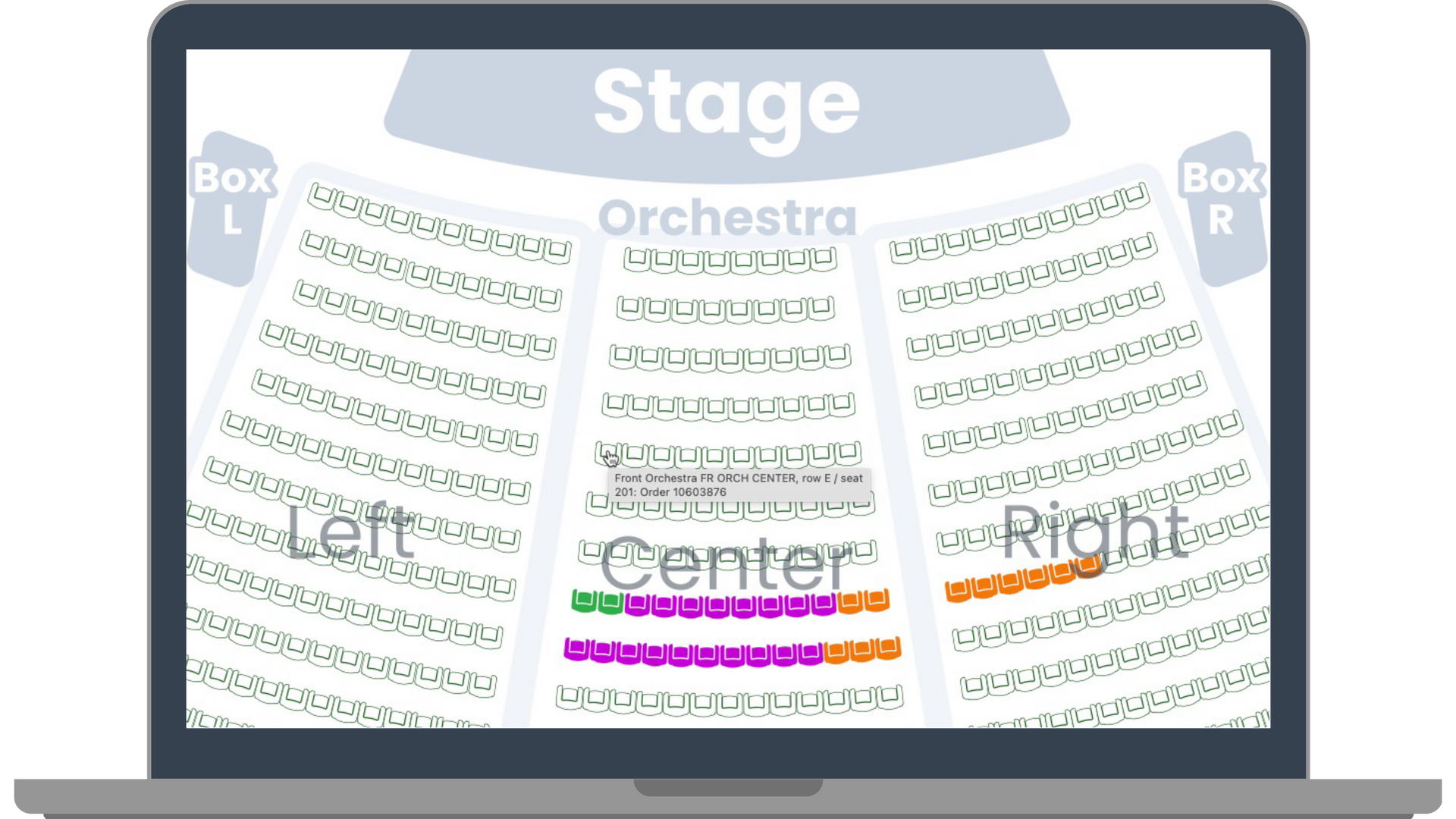 Laptop showing a theater seating chart with sections labeled 