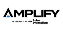 Logo for Amplify event, presented by Pulse Evangelism, black text with blue accent, on white background.