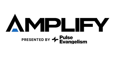 Logo for Amplify event, presented by Pulse Evangelism, black text with blue accent, on white background.