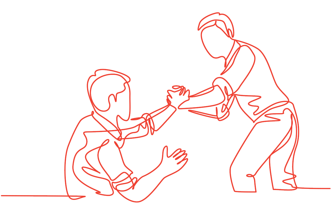 Two men arm wrestling, one kneeling, in red line art.