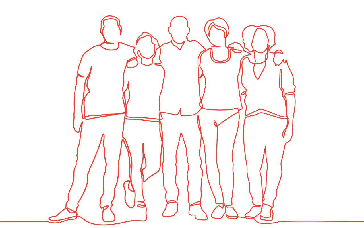 Line drawing of five people standing together, arms around each other.