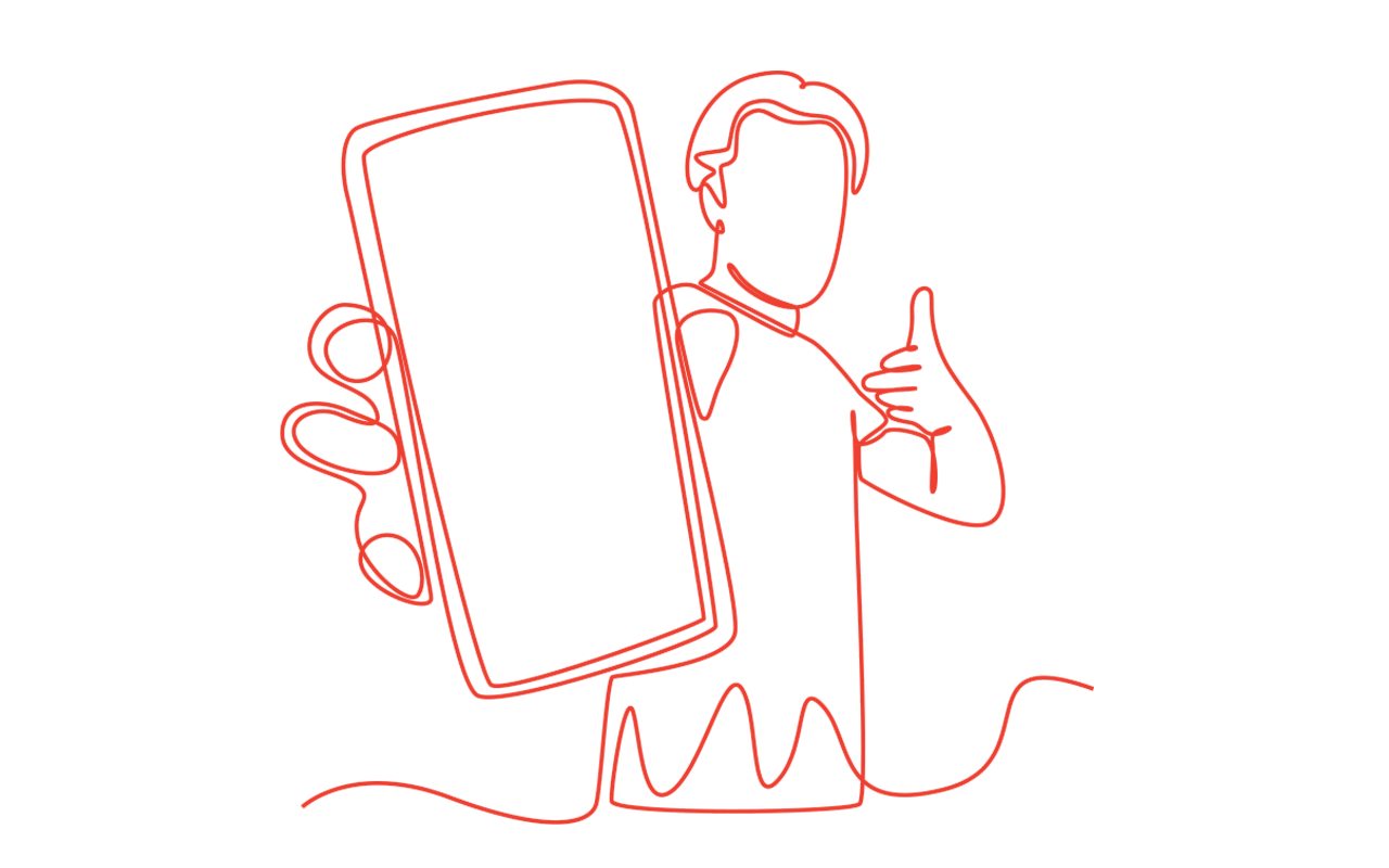 Orange line drawing of a person holding a phone with a blank screen, giving a thumbs up.