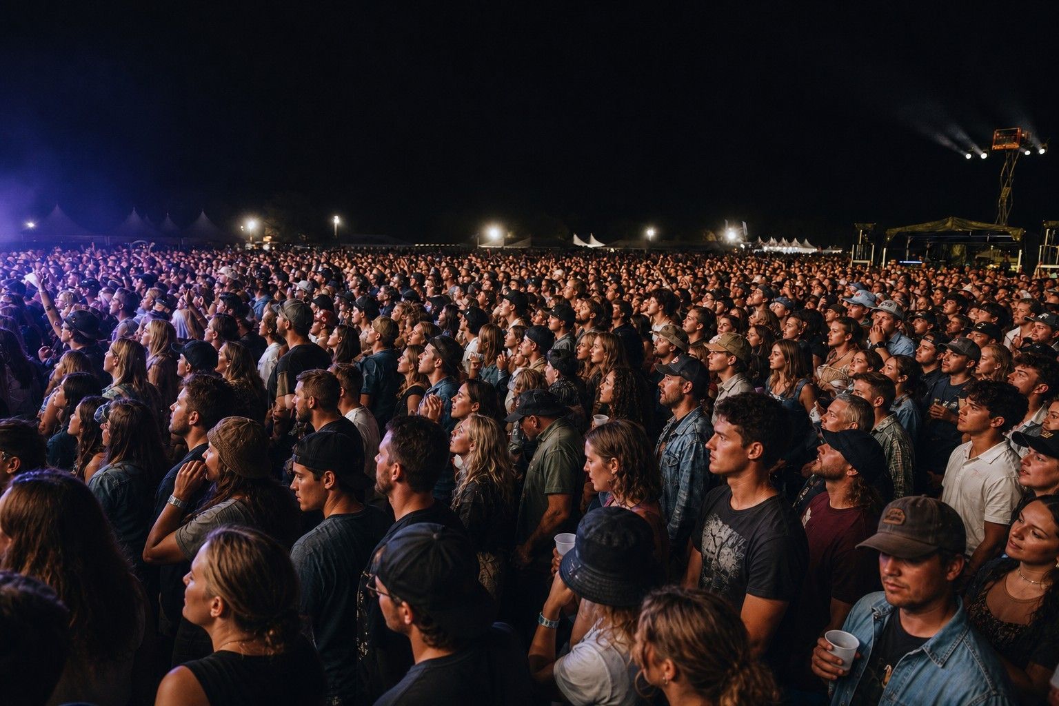 Crowd watching a night set at a ticketed festival