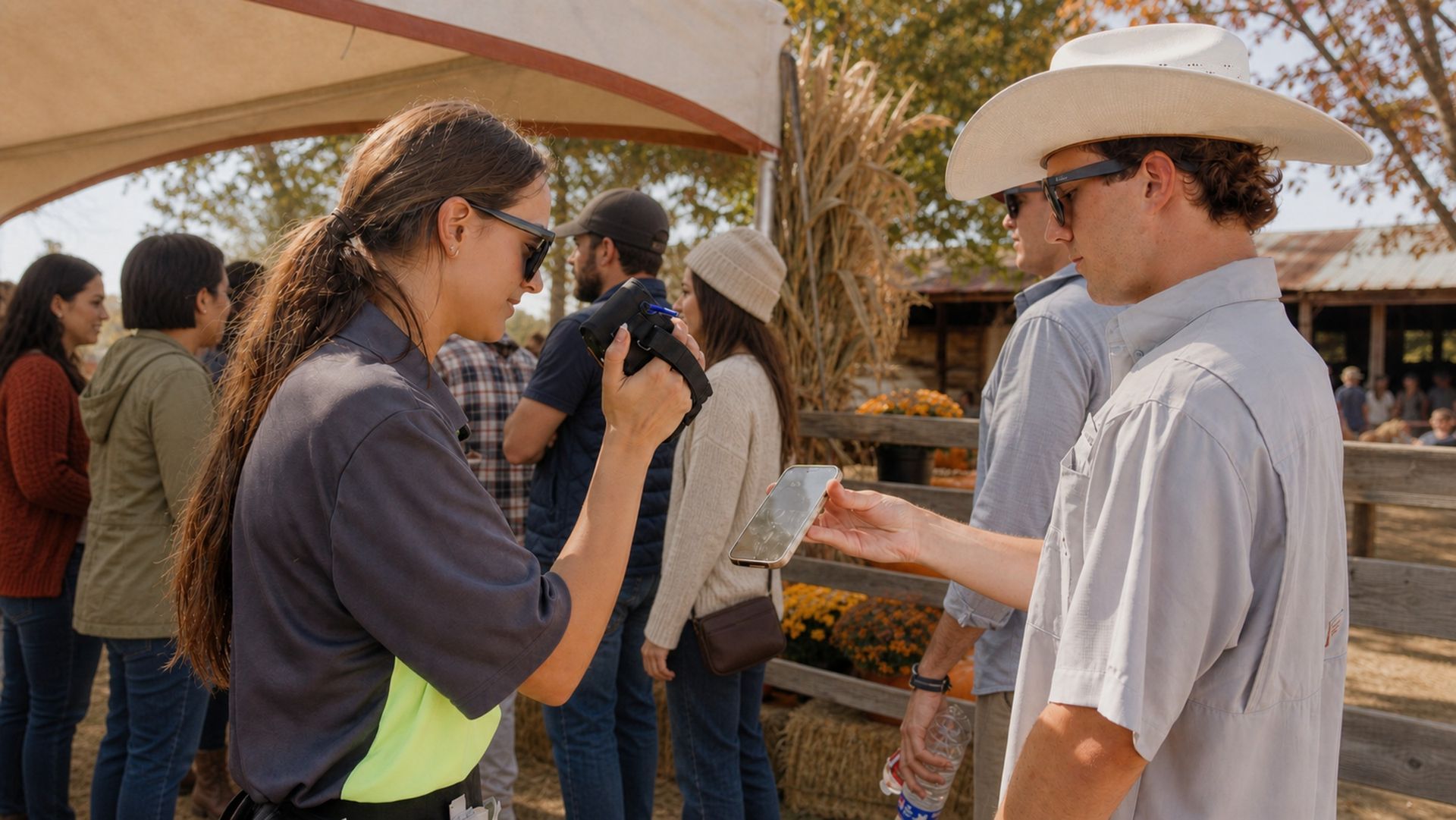 Staff scanning a guest's phone ticket at an agritourism event