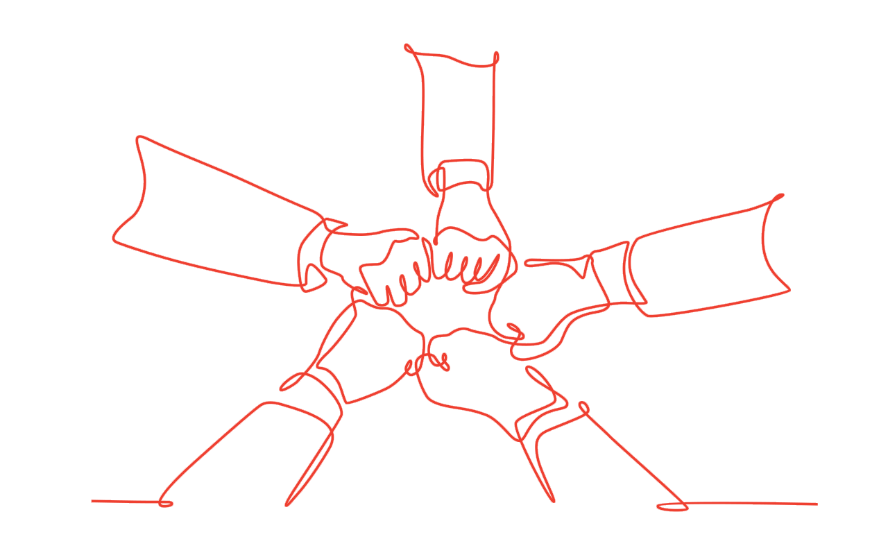 Five hands clasped together in a star shape, symbolizing teamwork and collaboration.