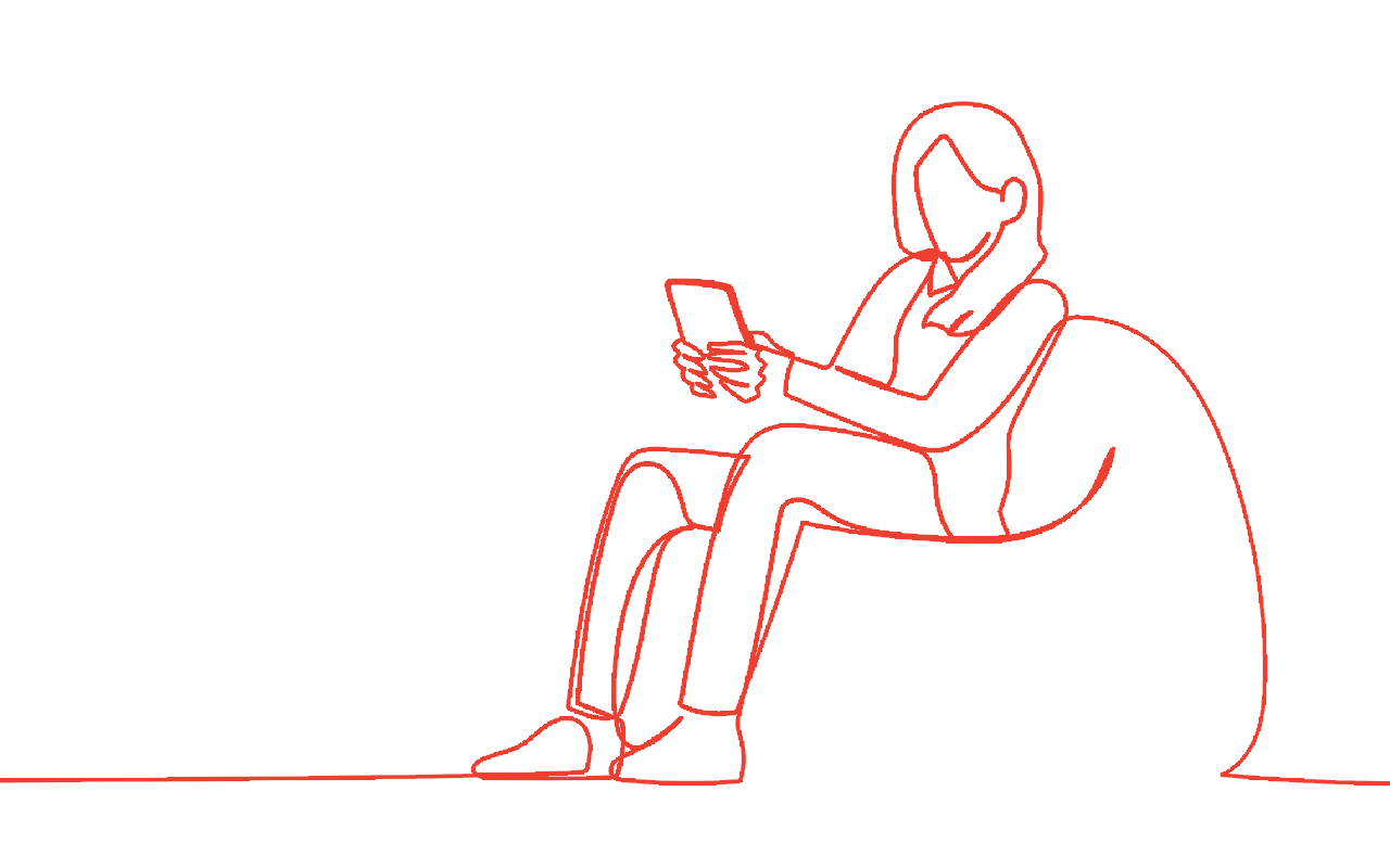 Woman sitting, using a tablet, on a rounded chair; outlined in orange on a white background.