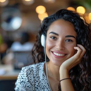 Woman with curly hair, wearing headphones, smiling at the camera. Leaning on her hand, warm tones.