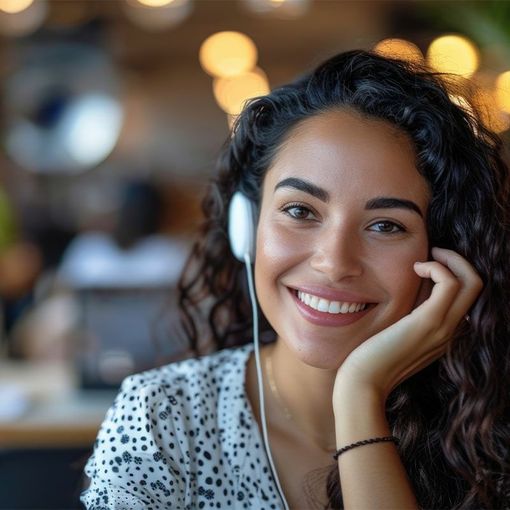 Woman with curly hair, wearing headphones, smiling at the camera. Leaning on her hand, warm tones.